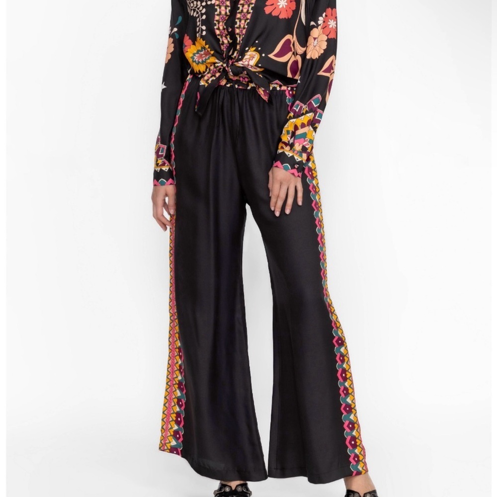 Johnny Was JADE silk Frankie Easy Black Multicolor printed Wide-Leg Pants NEW